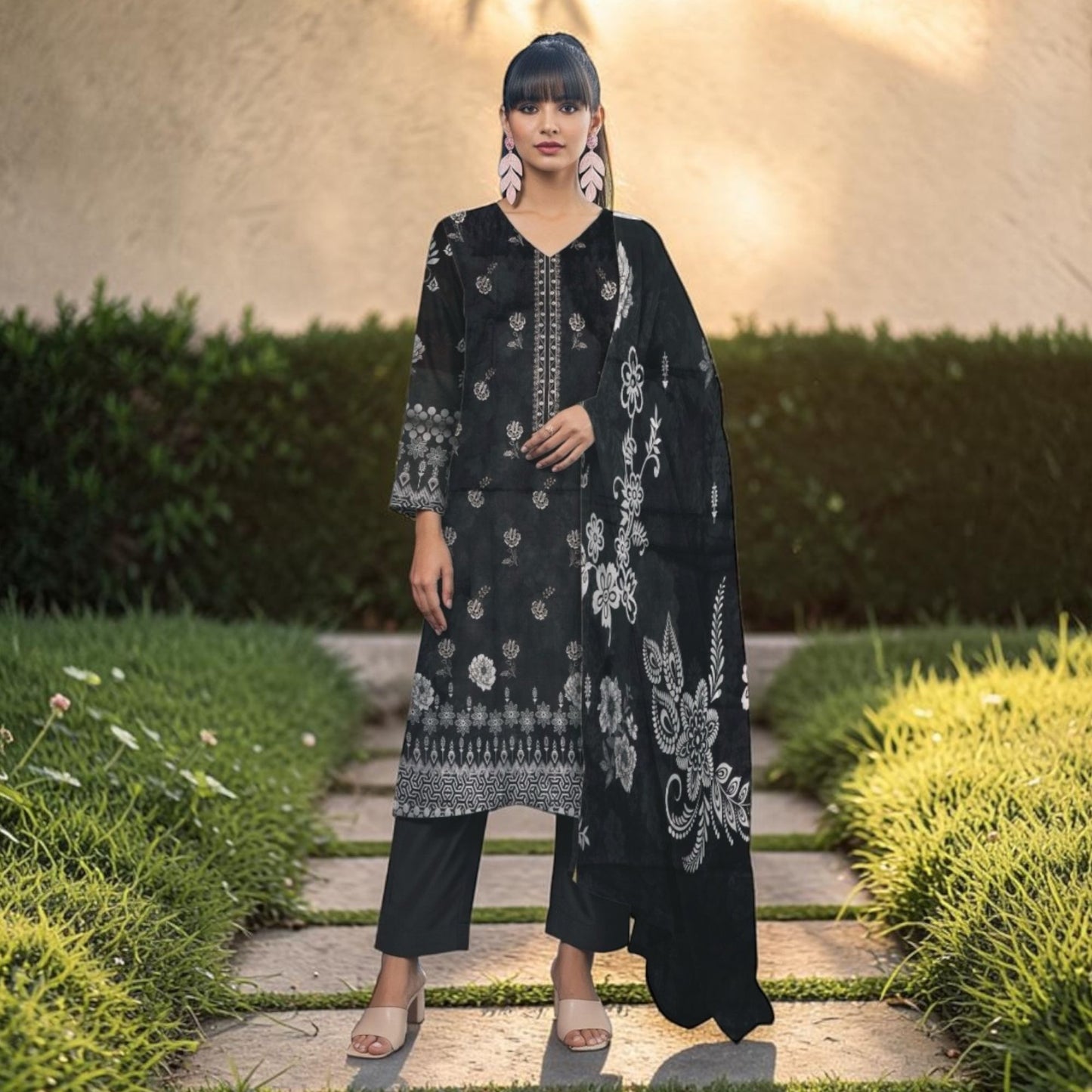 SANA SAFINAZ 3 PIECE - EMBROIDERED FRONT-PRINTED VOIL DUPATTA