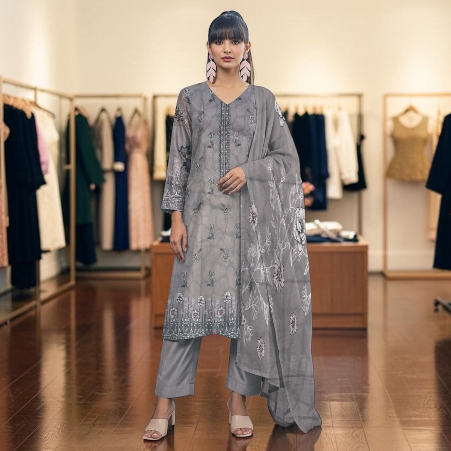 SANA SAFINAZ 3 PIECE - EMBROIDERED FRONT-PRINTED VOIL DUPATTA