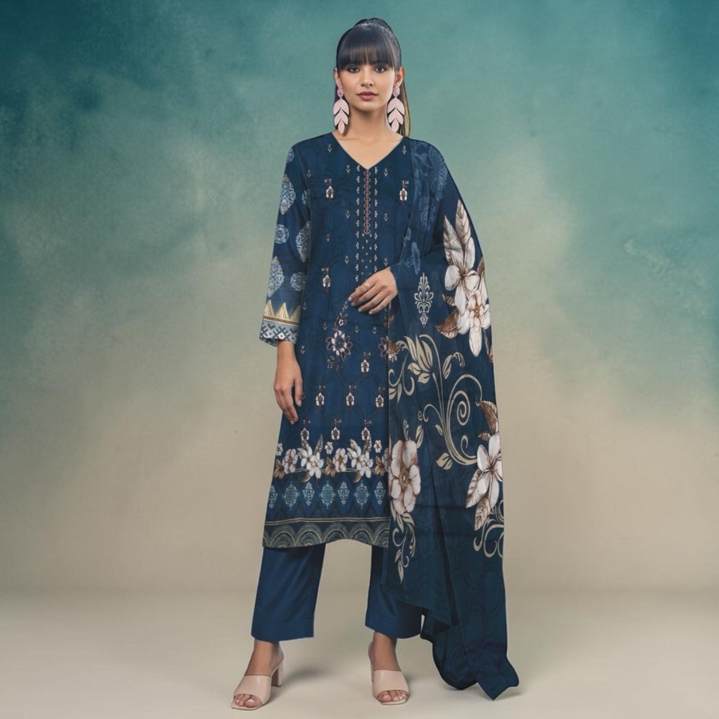 SANA SAFINAZ 3 PIECE - EMBROIDERED FRONT-PRINTED VOIL DUPATTA